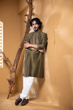 Load image into Gallery viewer, Olive Green Patrika Kurta Set