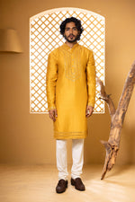 Load image into Gallery viewer, Ambar Yellow Mirror Embroidered Kurta Set

