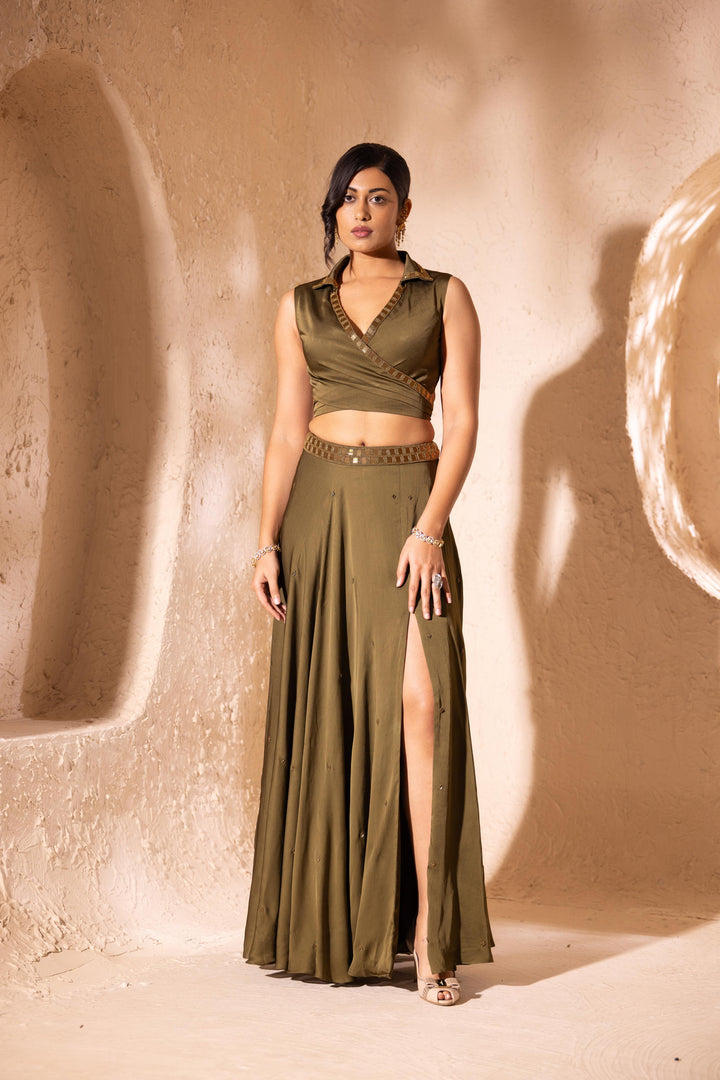 Olive Green Vanika Slit Skirt and Blouse