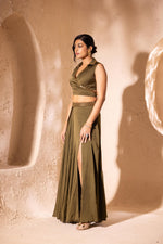 Load image into Gallery viewer, Olive Green Vanika Slit Skirt and Blouse
