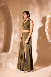 Olive Green Vanika Slit Skirt and Blouse