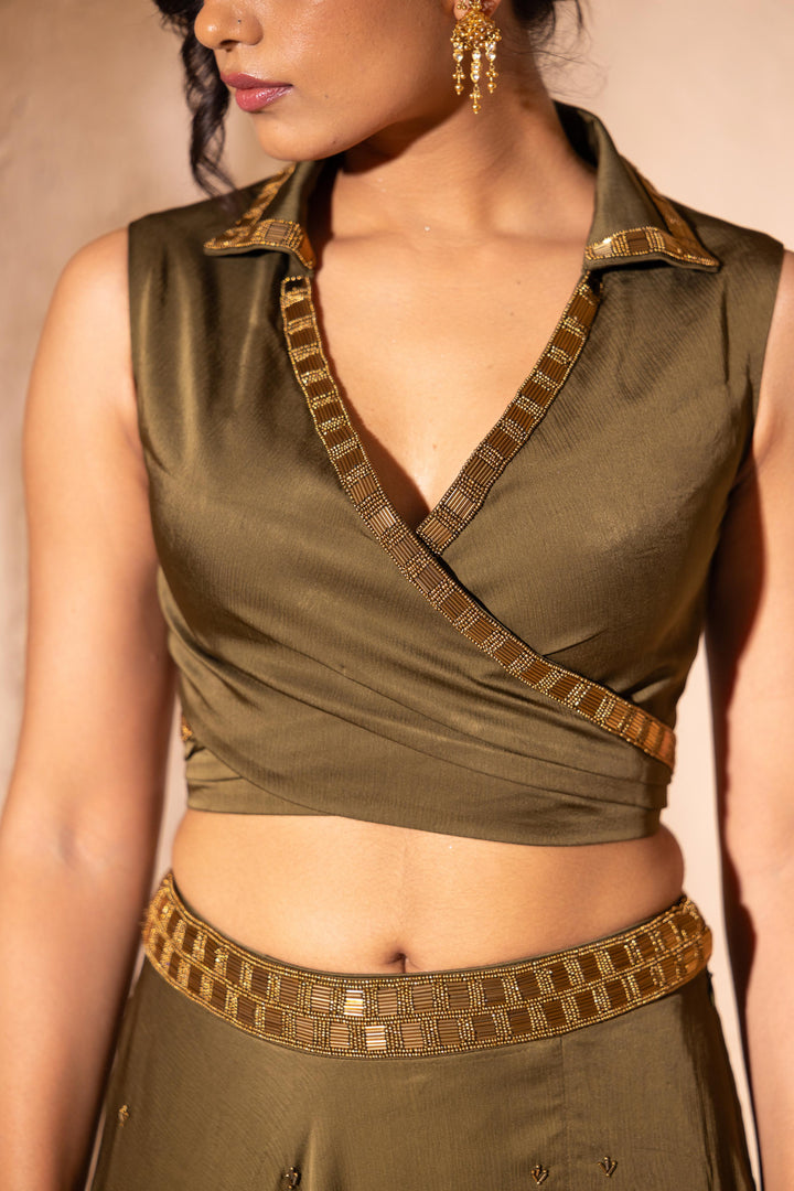 Olive Green Vanika Slit Skirt and Blouse