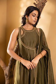 Lehar Anarkali Set (Olive Green)