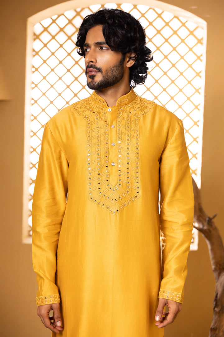 Ambar Yellow Mirror Embroidered Kurta Set